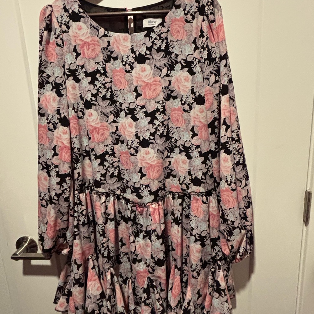 Bluivy Women Dress with Pink and Black Floral Design